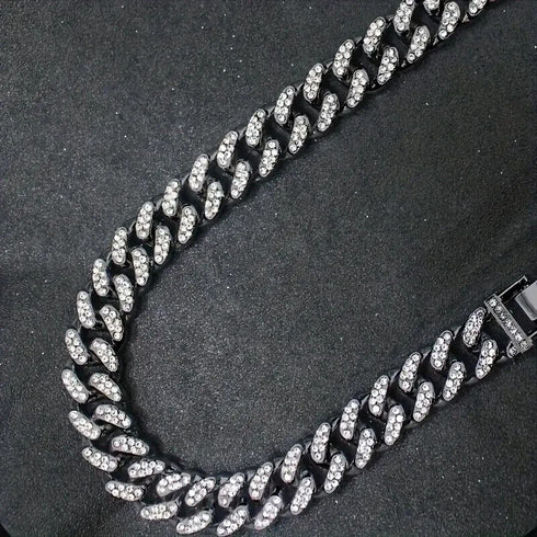 2Pcs Men Iced Out Gun Black Rhodium Plated CZ Cuban Link 55CM Necklace & Bracelet Set